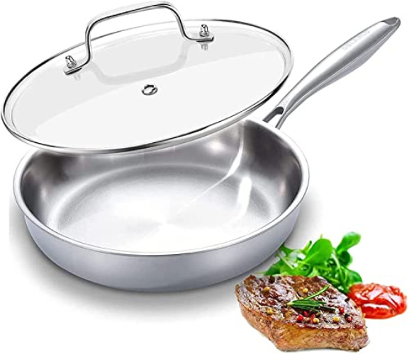 DELARLO Whole body Tri-Ply Stainless Steel 9 inch Frying Pan With Lid, Oven safe induction skillet,Suitable for All Stove (Detachable Handle) - Stainless Steel - 9 Inch Frying Pan With Lid