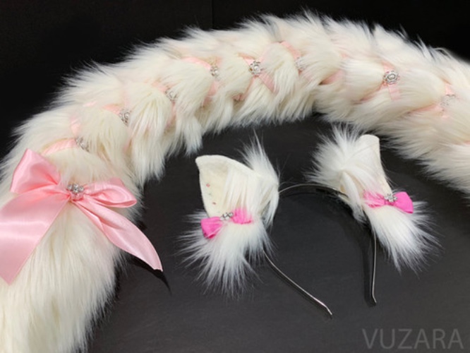 Kitten Tail Butt Plug - White / Pink Corset &amp; Kitten Ears Set