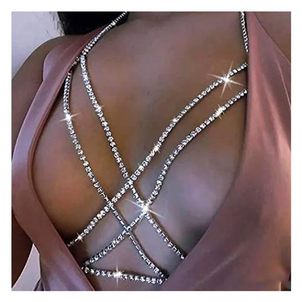 
                            Victray Crystal Body Chain Bikini Body Chains Nightclub Chest Chain Fashion Body Jewelry for Women and Girls (Gold)
                        
