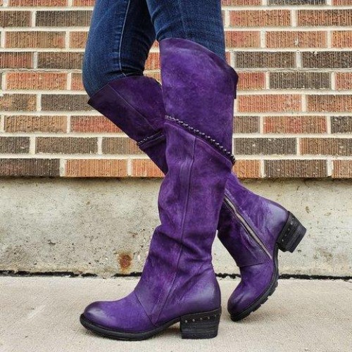 Women's over the knee western boots chunky low heel zipper retro boots | Purple / US8