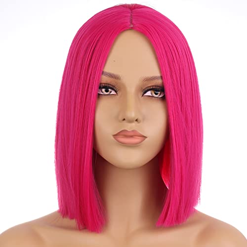 WAVELNM Hot Pink Wig Middle Part Magenta Bob Wig Short Straight Hot Pink Wig Synthetic Heat Resistant Party Costume Cosplay Wigs(Hot Pink) - Hot Pink