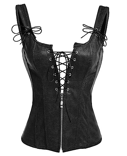 Alivila.Y Fashion Corset Womens PVC Renaissance Lace up Boned Bustier Garter Straps - Small - Black Leather