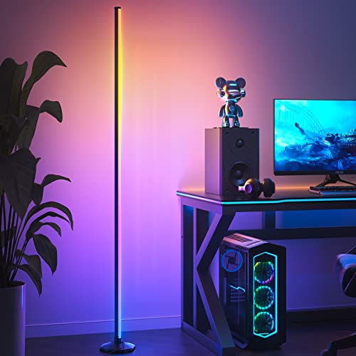 bedee LED Corner Floor Lamp: 65" RGB Color Changing Floor Lamp with Music Sync, Modern Standing Mood Light with Remote & App Control, Creative DIY Mode & Timing for Living Room Gaming Room Bedroom - 65 Inch - Black
