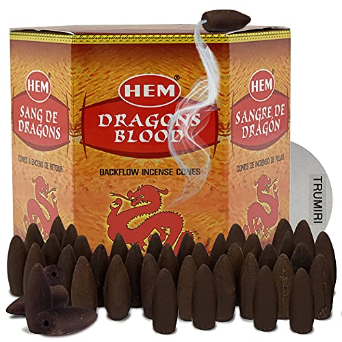 Dragons Blood Hem Backflow Incense Cones for Waterfall Aromatic Smoke Fountain Haze Falls Burner Holder and Mat Bundle - 40 Large Back Flow Incense Cones Scented - Dragons Blood