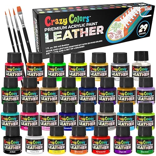 Crazy Colors Premium Acrylic Leather and Shoe Paint Kit, 29 Colors, Deglazer, 4-Piece Brush Set - 1 oz Bottles, Opaque, Metallic, Neon - Flexible, Scratch Resistant - Sneakers, Jackets, Bags Purses - 1 Fl Oz (Pack of 29) - Assorted