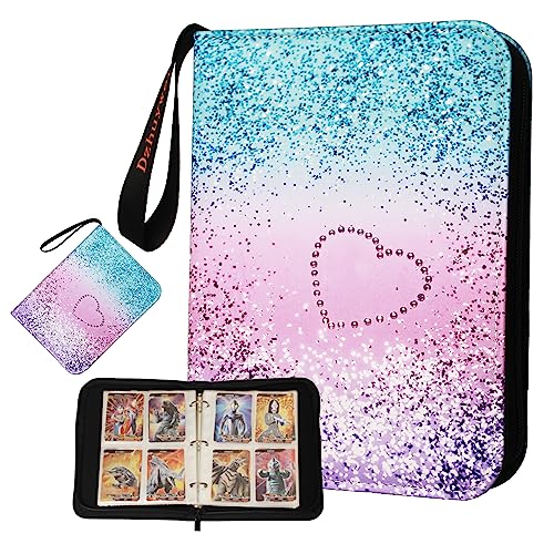 Dzhuywer Trading Card Binder for 4-Pocket (480 Cards) with 60 Removable Sleeves, with Protection Zipper and Easy Carrying Wristband, Portable Card Albums for Boys Girls Gifts, Pink - 4-Pocket - Pink-Love