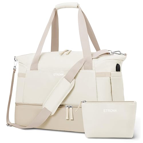 Gym Duffel Bag for Women, Sports Travel Bag with USB Charging Port, Weekender Overnight Bag with Wet Pocket and Shoes Compartment for Women Travel, Gym, Yoga (Beige/Khaki) - Khaki - M