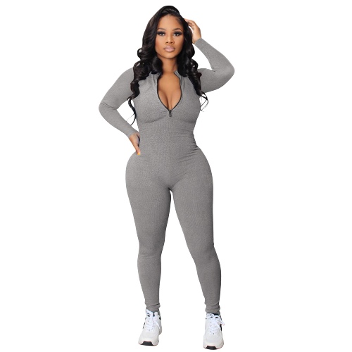 Celucke Workout Outfits for Women Women's Zipper V Neck Long Sleeve Jumpsuit Rompers Bodysuit Catsuit Sport Jumpsuit Women Sheer Mesh Long Sleeve Jumpsuit Bodysuits