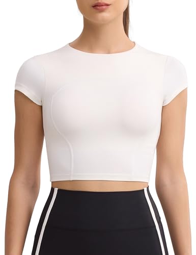 ENERBLOOM Workout Crop Tops for Women Yoga Short Sleeve Mild Support Slim Fit Cropped Athletic Shirts Gym Tee Built in Bra - Large - White