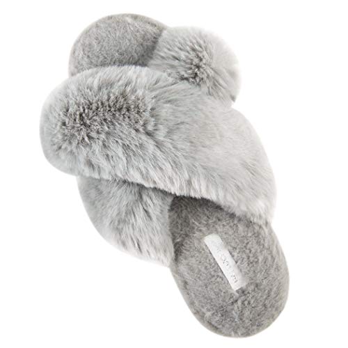HALLUCI Women's Cross Band Soft Plush Fleece House Indoor or Outdoor Slippers - Medium - Grey