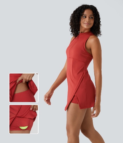 Zipper Racerback Split Side Pocket 2-Piece Mini Tennis Active Dress