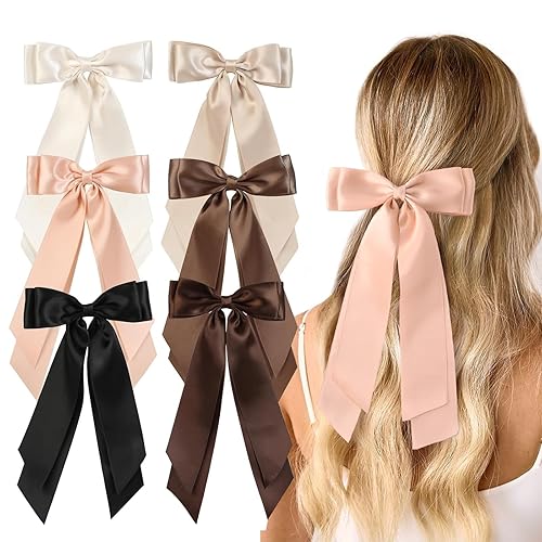 Unbednigt 6PCS Silky Satin Hair Bows, Bow Hair Clips with Long Tail, Hair Ribbon Ponytail Holder Accessories, Alligator Metal Clips Hair Bows for Women Girls Toddler Christmas Gifts Holiday