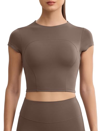 ENERBLOOM Workout Crop Tops for Women Yoga Short Sleeve Mild Support Slim Fit Cropped Athletic Shirts Gym Tee Built in Bra - Large - Coffee