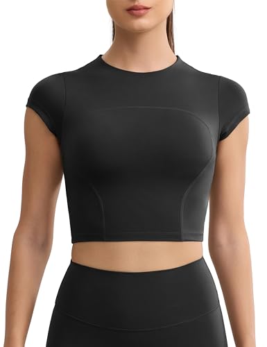 ENERBLOOM Workout Crop Tops for Women Yoga Short Sleeve Mild Support Slim Fit Cropped Athletic Shirts Gym Tee Built in Bra - Large - Black