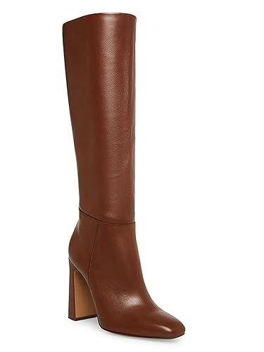 Coutgo Women's Chunky Heeled Knee High Boots Classic Leather Square Toe Zippered Tall Boot - 7.5 - Dark Brown