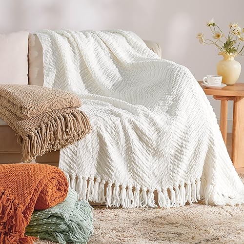 Bedsure White Throw Blankets for Couch, Textured Knit Woven Blanket, 50x60 Inch - Super Soft Warm Decorative Blanket with Tassels for Couch, Bed, Sofa and Living Room - 01 - Ivory - Throw (50" x 60")