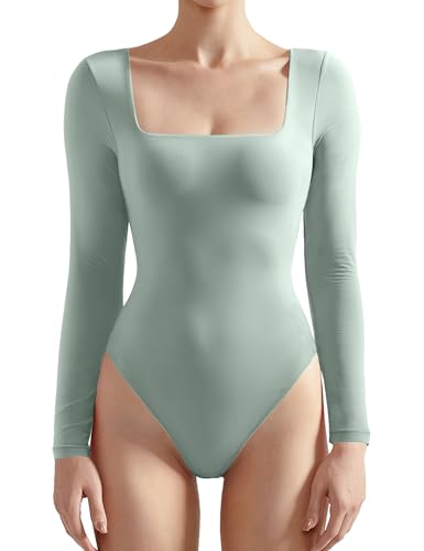 SUUKSESS Women Square Neck Long Sleeve Bodysuit Sexy Thong Bodysuit Shirts - Large - 01 Crab Green