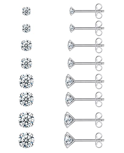 Earrings for Women, 7/8 Pairs Stud Earrings Set for Men, COMOSO 18K White Gold Plated S925 Sterling Silver Cubic Zirconia Earrings Studs 3-8mm, Birthday Christmas Gift - Silver-3/4/5/6mm-8 Pair