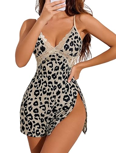 Avidlove Women Lingerie Lace Chemise Sexy Nightgown Modal Babydoll Side Slit Sleepwear - Coffee Leopard - Small