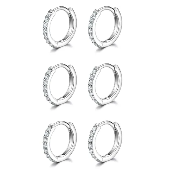 Dlihc Sterling Silver Hoop Earrings | Sterling Silver Stud Earrings for Women - 6 Pairs Hypoallergenic Tiny Cubic Zirconia Stud Earrings Set & Cartilage Earring Hoops
