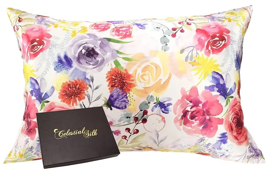 Celestial Silk 100% Pure Mulberry Silk Pillowcase Premium 25 Momme for Hair and Skin, Hypoallergenic Charmeuse Silk Weave on Both Sides - Hidden Zipper Closure (Standard, Floral)