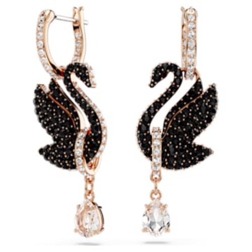 Swarovski Swan drop earrings, Swan, Black, Rose gold-tone plated