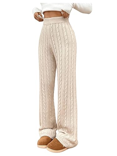 SHENHE Women's Cable Knit Sweater Pants High Waisted Casual Lounge Pants Fall Knit Pants - Large - Khaki