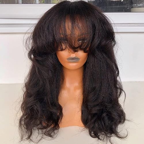 JZhair 200 Density Yaki Wavy Wigs Brazilian Human Hair Scalp Top Full Machine Made Wig Yaki Wavy With Bangs Remy Human Hair For Women Natural Color 14 Inch - 14 Inch