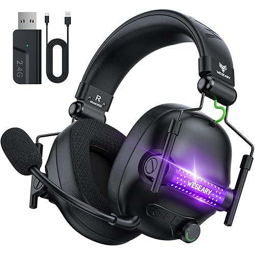 WESEARY WG2 Wireless Gaming Headsets with Microphone for PS5, PS4, PC, Switch, Mac, Crystal Stereo Bluetooth Headphones, PS5 Headset Wireless 2.4GHz with Lossless Audio, 50 Hr Battery, Cool RGB - Premium Black - Standard - Pro-Wireless