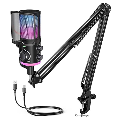 FIFINE USB-PC-Microphone-Kit, Gaming-Streaming-Microphone with Boom Arm for PS4 PS5, Computer-Condenser-Mic for Twitch Podcast YouTube Discord, RGB-Mic Set with Mute, Gain Knob-AmpliGame AM6T