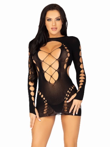 Seamless Cut Out Long Sleeve Mini Dress With Faux  Lace Up Detail - One Size - Black