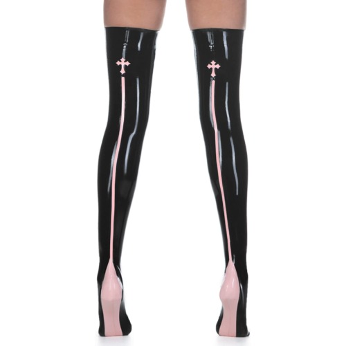 VIYOLI Sexy lange latex dijhoge kousen met kruis en strepen op de achterkant van de hiel Rubber, zwart W Baby Roze, XL - XL - Zwart W Baby Roze