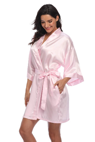 Women's Pure Short Silky Robes Bridesmaid Bride Party Satin Robes Sleepwear - Medium Pink