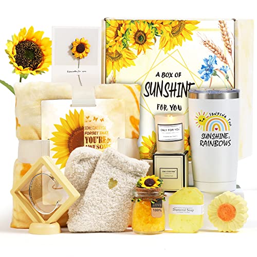 Sending Sunshine Gift, 10pcs Sunflower Gifts for Women, Care Package, Get Well Soon Gifts Basket Unique Birthday Gifts Box with Inspirational Blanket Candle for Thinking of You Her Sister Best Friend