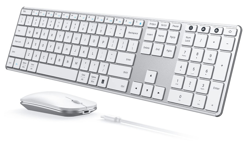 Wireless Bluetooth Keyboard and Mouse Combo (USB + Dual BT), seenda Multi-Device Rechargeable Slim Keyboard and Mouse, Compatible for Win 7/8/10, MacBook Pro/Air, iPad, Tablet - White Silver - White Silver Keyboard and Mouse