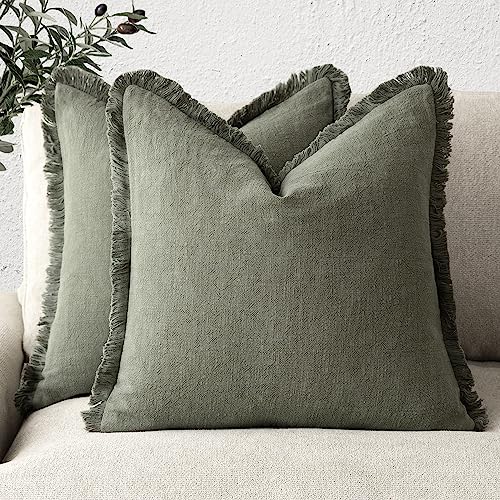 Foindtower Set of 2 Decorative Linen Fringe Throw Pillow Covers Cozy Boho Farmhouse Cushion Cover with Tassels Soft Accent Pillowcase for Couch Sofa Bed Living Room Home Decor,18×18 Inch,Olive Green - 18"x18",2 Pieces - Olive Green