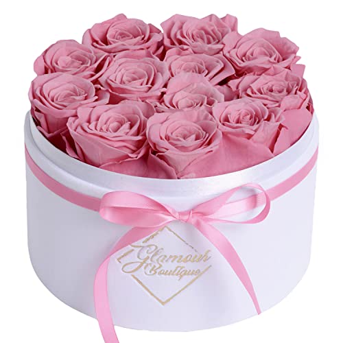 GLAMOUR BOUTIQUE Forever Flower Gift Box: 12 Real Preserved Roses in Round Velvet White Box, Handmade, Rose Petals, Birthday, Marriage,Anniversary, Graduation - Pink - Pink