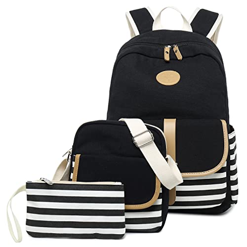 FLYMEI Cute Backpack for Girls, Lightweight Canvas Backpack for Girls/Boys, 15.6 Inch Laptop Backpack for Men, Durable Women Cute Backpack, Waterproof Black Bookbags for Teens - 3in1 Black Backpack Without Usb Port