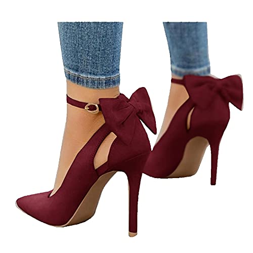 Fashare Womens High Heels Bow Tie Back Sexy Stiletto Ankle Strap Wedding Dress Pumps Shoes - 5.5 - A-burgundy