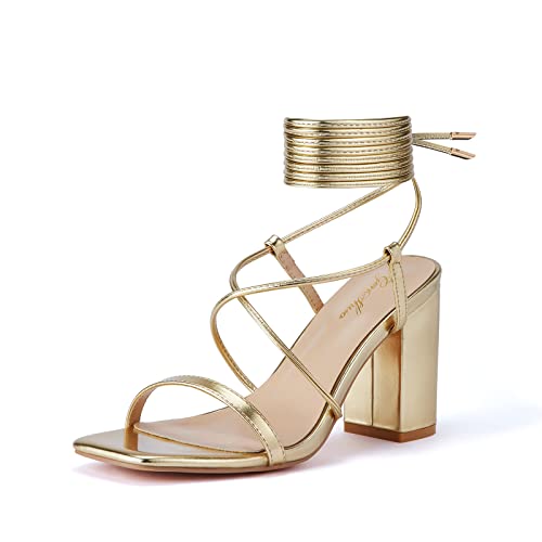 GENSHUO Square Toe Sandals Women Lace up Chunky High Heels Strappy Sandals Block Heeled Ankle Wrap Homecoming Wedding Dress Shoes Gold Size 9.5 - 6 - Gold