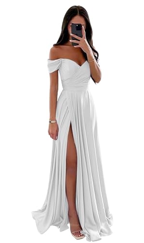 GODCUN Off Shoulder Prom Dresses for Women Satin Formal Dress A Line Long Evening Party Gowns with Slit - White - 12