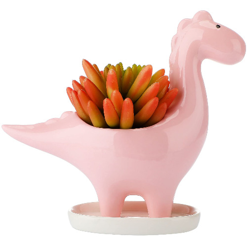 Dinosaur Succulent Pots Fleshy Ceramic Flower Pot Animal Creative Plant Flowerpot with Drain Hole and Tray for Home Garden Planting Gardening Supplies(Pink,Stylish Style)