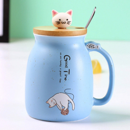 Adorable Cat Cartoon Ceramic Coffee Mug - Blue