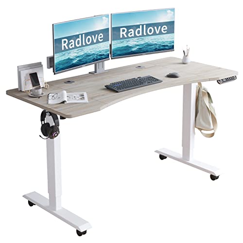 Electric Standing Desk, 55 x 30'' Radlove Height Adjustable Computer Desk Sit Stand Desk Home Office Desks with Splice Board and A Under Desk Cable Management Tray (White Frame + Oak Top) - Light Oak - 55x30''