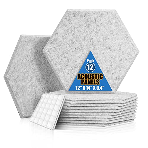 Hexagonal Acoustic Panels with Stickers, 12" X 14" X 0.4", 12 Pack High Density Sound Absorbing Panels, Sound Proofing Panels for Home Decoration and Wall Protection, Studio, Classroom, Gym and Office - 12" X 14" X 0.4" - grey