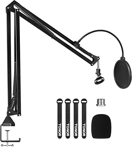 Microphone Stand Extension Arm, TONOR Studio Suspension Scissor Boom Arm with Pop Filter, 3/8" to 5/8" Adapter, Mic Clip, Upgraded Heavy Duty Clamp for Blue Yeti Snowball Ice and Other Mics(T30) - Large