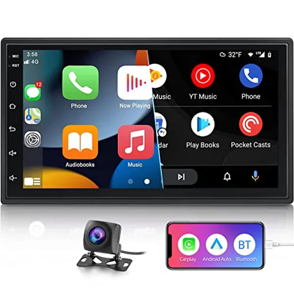 Double Din Car Stereo Compatible with Apple Carplay and Android Auto 7 Inch 2.5D Touch Screen Car Radio with Bluetooth and Backup Camera Support Mirror Link and Subwoofer
