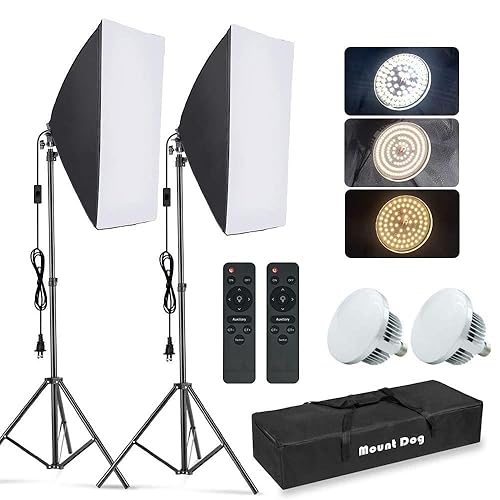 MOUNTDOG Softbox Lighting Kit, 2x19.7"x27.5" Photography Continuous Lighting System with 2pcs 85W 5700K E27 Socket LED Bulbs and Remote for Portrait Product Fashion Photography - white-2