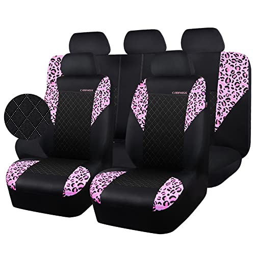 CAR PASS Ultrasonic Embossing Cloth Universal Leopard seat Covers-Breathable car seat Cover with 5mm Composite Sponge Inside,Airbag Compatible,2zipper Bench for Sedan,SUV,Truck(Leopard Pink,Full Set) - Pink Mesh - Leopard print