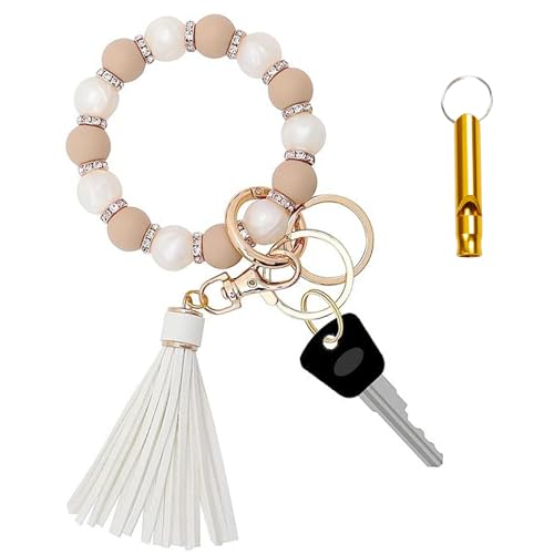 Tkoprtu Bracelet Keychain-Silicone Key Ring Bracelet for Women, Key Rings for Car Keys Elastic Beaded Wristlet Keychain - Brown/White
